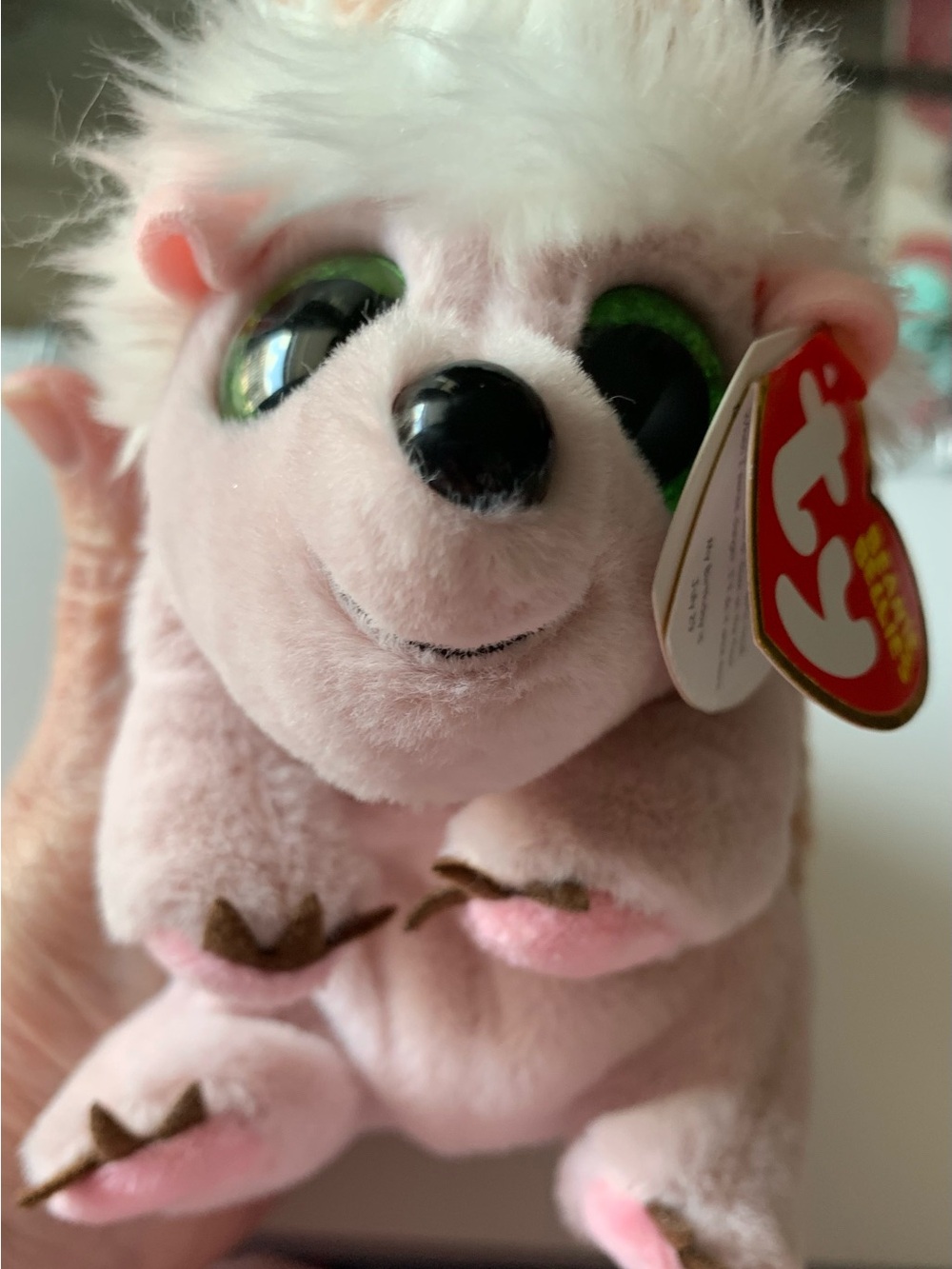 Ty Pink/White/Tan Plush Hedgehog with Green Glitter Eyes
